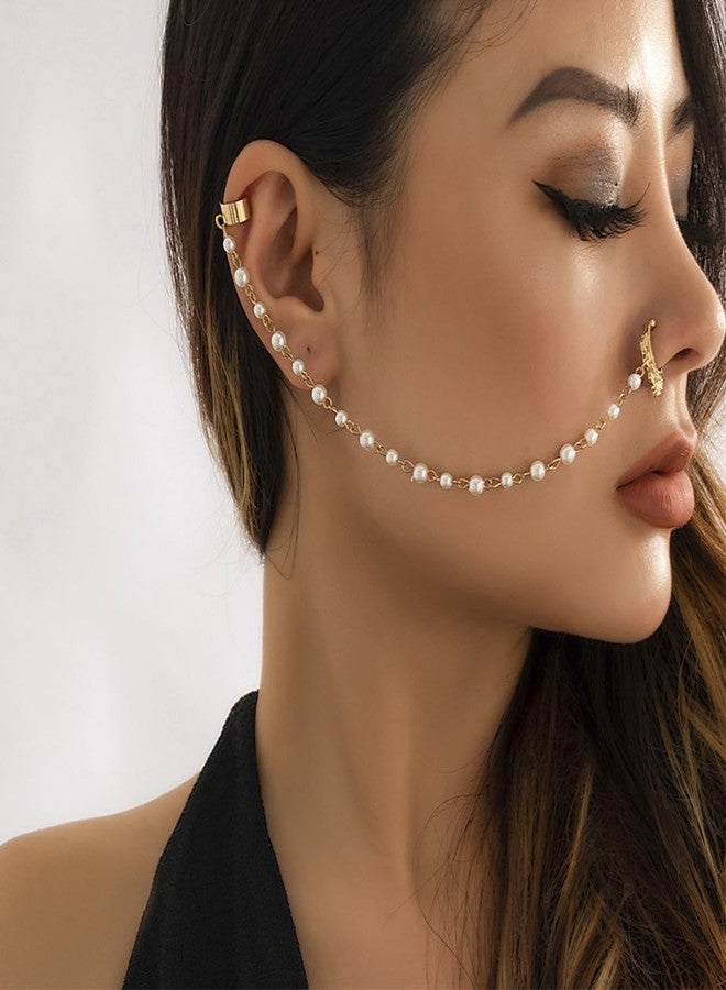 WZNBBOY Punk Pearl Tassel Beaded Nose Hoop with Chain to Ear Cuff Non Piercing Septum Ring Dangle Chain for Women - Image 2